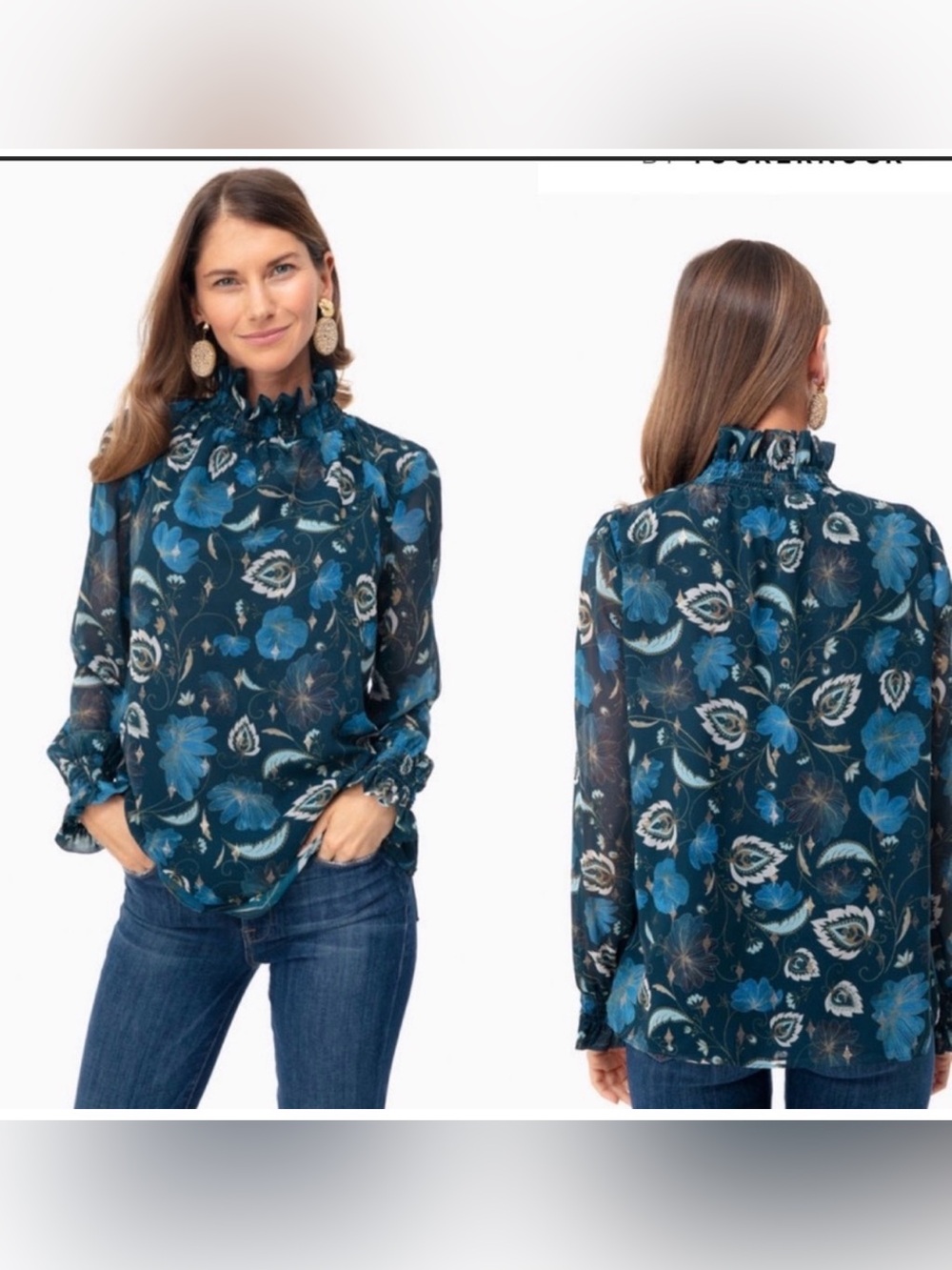 Tuckernuck Sadie Top S Nouveau Floral Smocked Mock Neck Sheer Lined Blouse